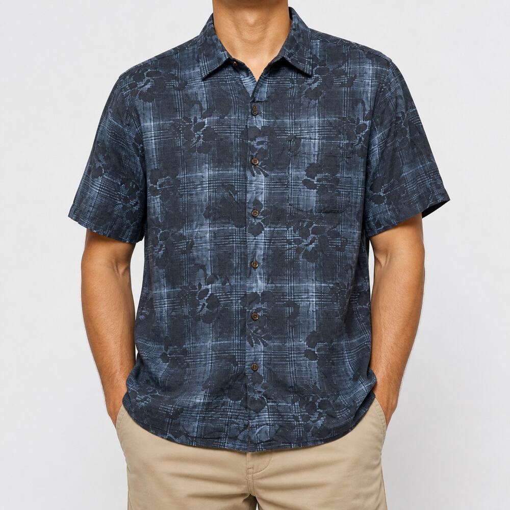 Caribbean Shirt Mens Large Black Blue Silk Hawaiian Beach Classic Button-Up